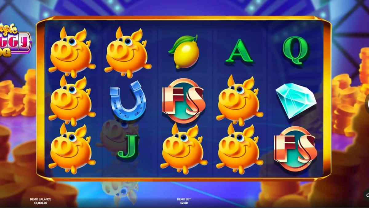 Interface do jogo Magic Piggy OG com símbolos temáticos e elementos de programa de auditório.