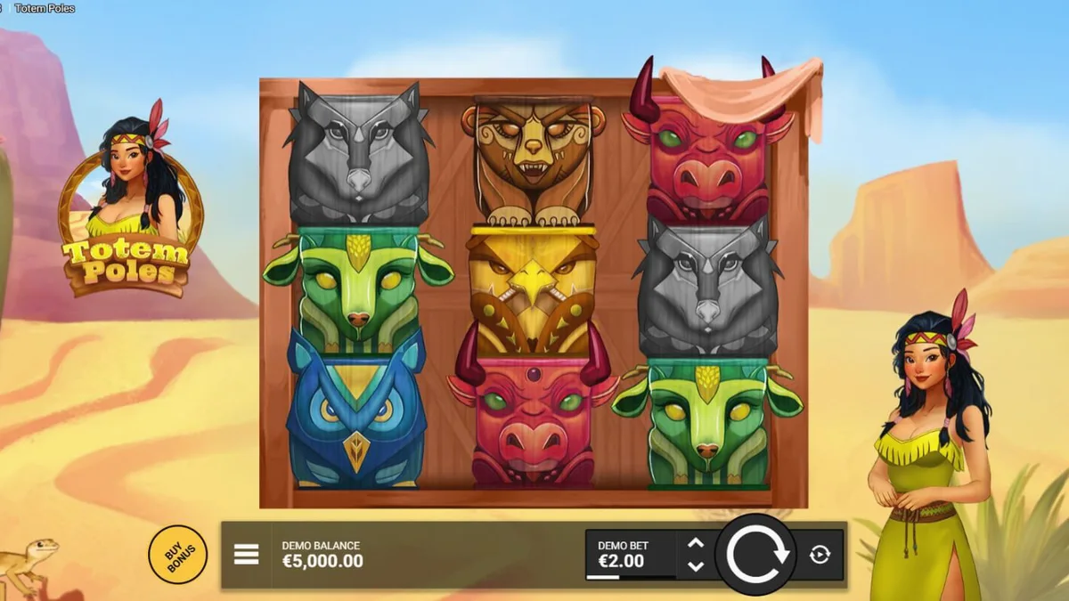 Totem Poles slot machine interface featuring indigenous art and animal spirits