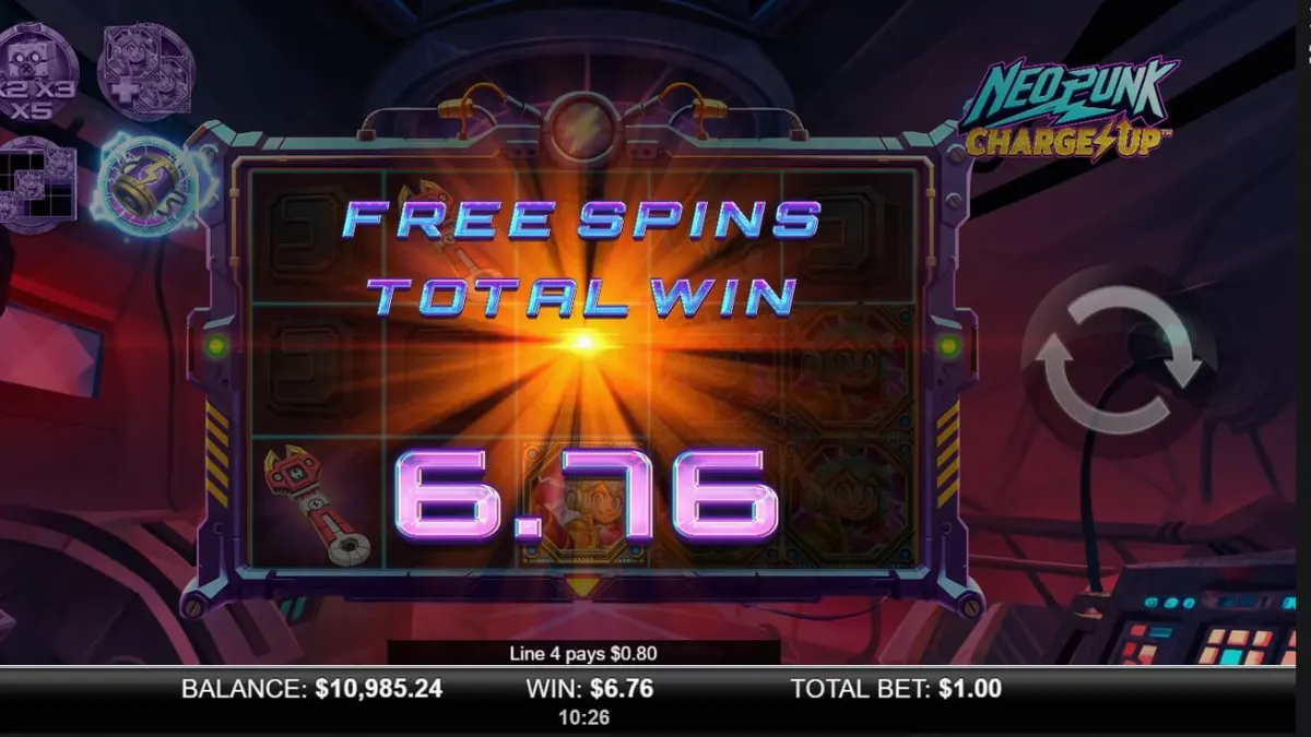 Interface futurista do slot NeoPunk Charge Up com elementos neon